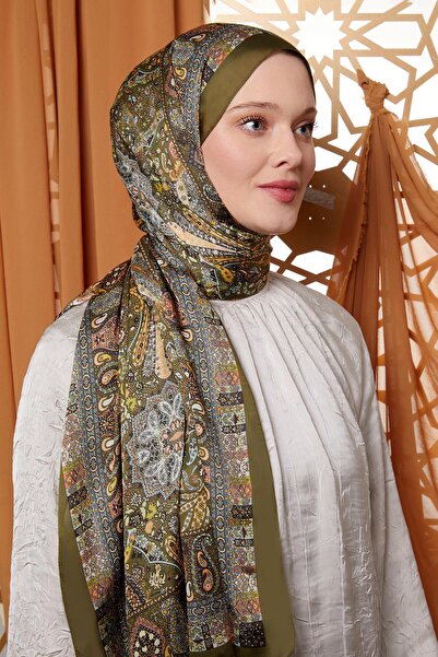 Levidor Haki Çini Desen Hint İpeği Şal