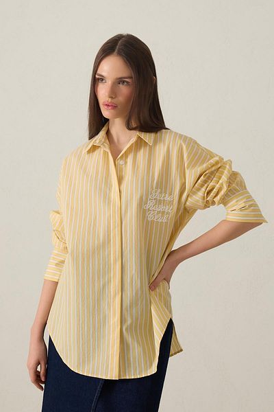 Setre Yellow Embroidery Detailed Striped Long Sleeve Oversize Shirt