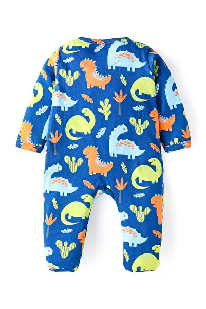 Babyhug Babyhug Cotton Knit Full Sleeves Footed Sleep Suit With Dino Print - Navy Blue