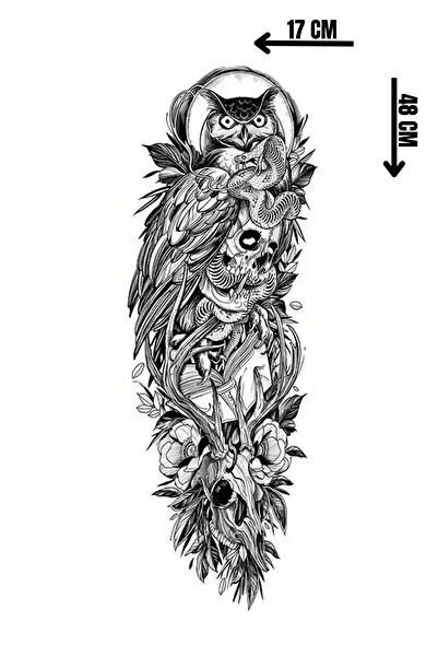 Barly Geçici Baykuş Ve Kuru Kafa Figürlü Kol Dövme Tattoo