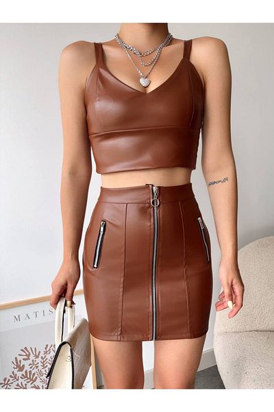 Miss Prova Zipper Detailed Leather Woven Skirt Misset24510