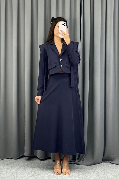 Serica Moda Navy Blue Shoulder Detailed Jacket Skirt Set