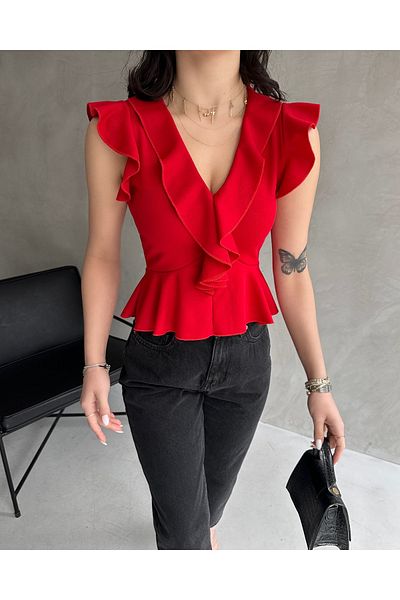 Fav Style Women's V-Neck Shoulder and Front Ruffle Detail Blouse Red