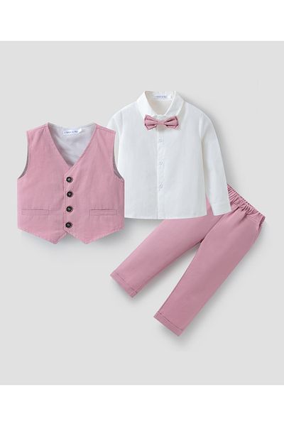 Mark & Mia Mark & Mia Shirt and Pair of Pants with Waistcoat Party Suit Set - Pink and White