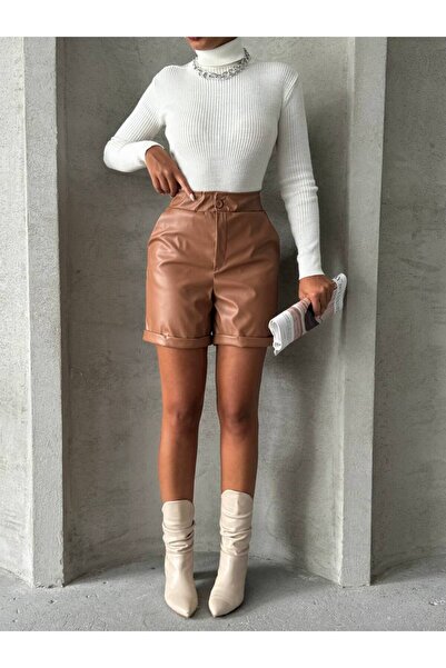 Miss Prova Cep Detaylı Beli Lastikli Deri Dokuma Şort MISSSR24755