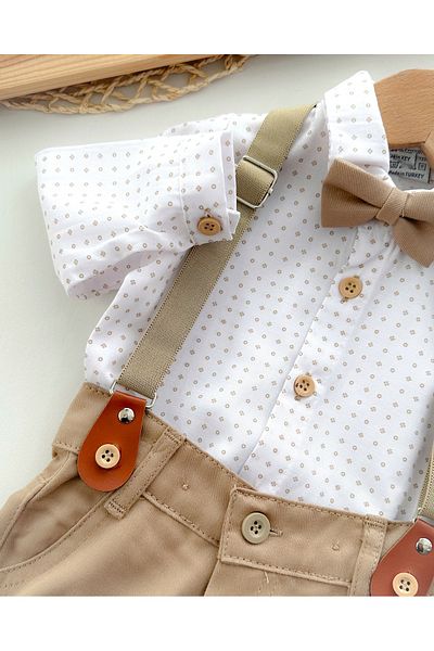 hümabebe Festive 4-Piece Set with Polka Dot Bodysuit Style Adjustable Waist Linen Trousers