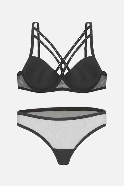 Wonna Σετ Desire Μαύρο Σουτιέν και Εσωρούχο - Push Up Padding, Underwire - Λεπτομέρεια από Τούλι 2489