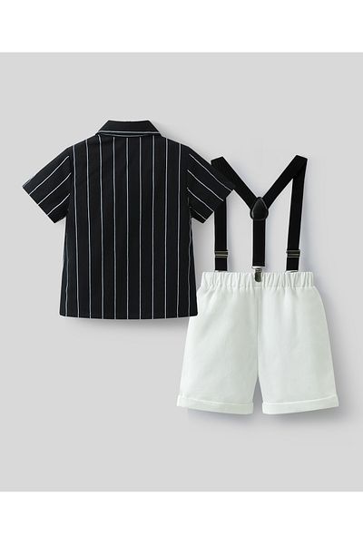 Mark & Mia Mark & Mia 100% Cotton Short Sleeves Striped Party Suit with Suspenders & Bow - Black & White