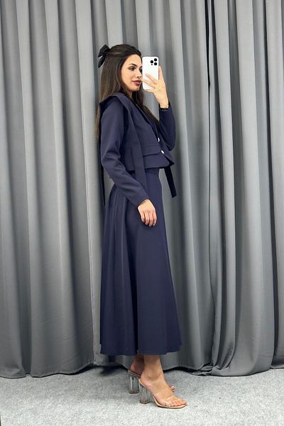 Serica Moda Navy Blue Shoulder Detailed Jacket Skirt Set