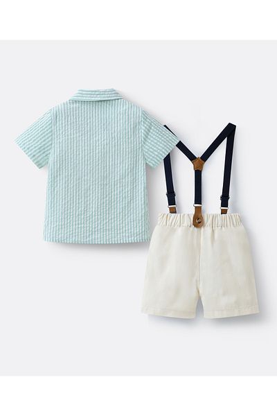 Mark & Mia Mark & Mia Short Sleeve Shirt and Pair of Shorts with Suspenders Party Set - Green and Cream