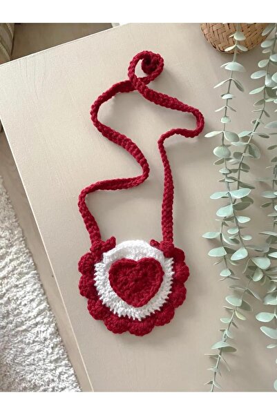 efecco Kalp Desenli Çocuk Çantası / Örgü Çocuk Çantası /Pembe Sevimli Çocuk Ç...