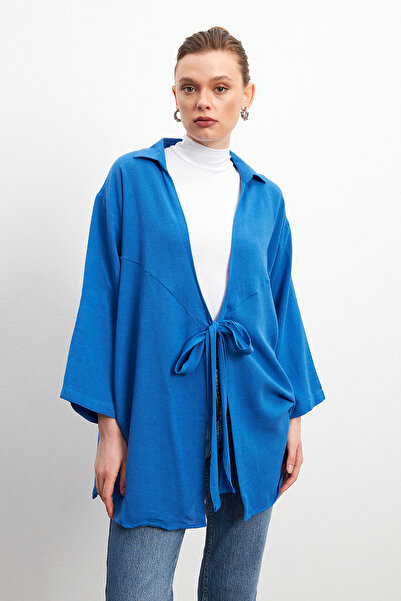 Bipantolon Women's Blue Lacing Detailed Flam Linen Kimono