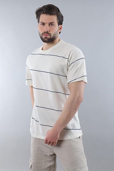 Madmext Ecru Crew Neck Basic Striped Męska Koszulka T-shirt E7102