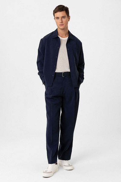Antioch Navy Blue Modal Fabric Relax Fit Belted Men's Trousers