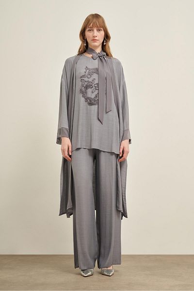 FTZ WOMEN Women's Embroidered 3-Piece Linen Set Gray 30760