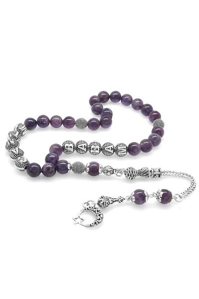 Tesbihane Non-Tarnish Metal Tasseled My Dear Dad Written Globe Cut Amethyst Natural Stone Rosary