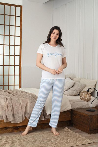 MEBA Tricou de vară cu mânecă scurtă pentru femei, cu model text Bonjour, cu dungi albastre, set de pijamale