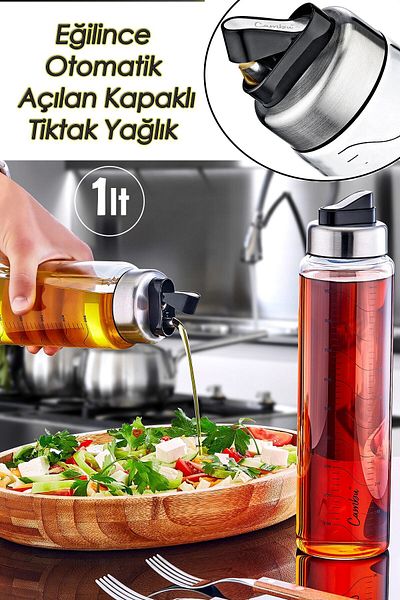 Comprox 1000ml Capacity Drip-Free Oil Pot - with Copper Tiktak Lid, Glass Oil Pot, Automatic Opening Lid