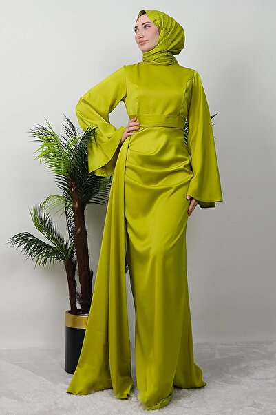 GİYZAMİLA Yasemin Satin Evening Dress Oil Green