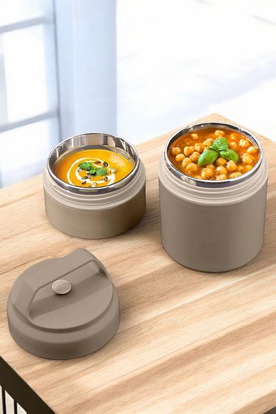 Digithome 2-Layer Portable Food Container - Stainless Steel Bento Round Khaki 620ml