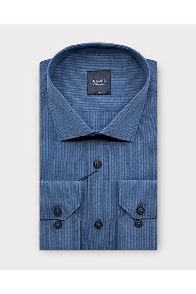 KAMER ERKEK REGULAR FIT UZUN KOLLU KLASİK YAKA TEK CEPLİ DESENLİ MAVİ GÖMLEK ...