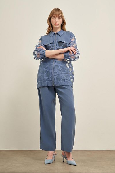 FTZ WOMEN Women's Cutout Tansel Suit with Trousers Indigo 31029