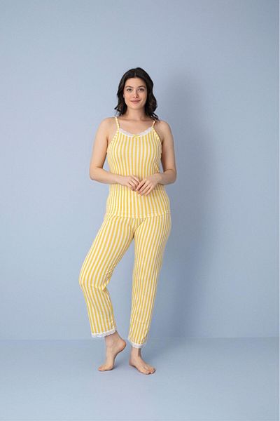 MEBA Women's Rope Strap Lace Neck and Leg Detailed Summer Yellow Striped Pajamas Set