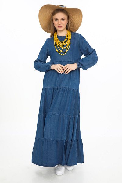 EREN STYLE Ferace Snow Wash Rochie din denim cu mânecă lungă, cu nasturi în față, îmbrăcăminte islamică model-2523