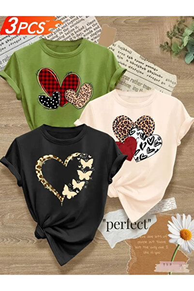 PENTHİLUS Ανοιξιάτικο φθινόπωρο με μοτίβο αγάπης με στάμπα με στρογγυλή λαιμόκοψη κοντομάνικο μπλουζάκι