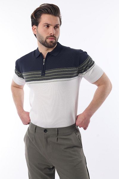 Madmext Marineblaues Herren-T-Shirt mit Reißverschluss und Polokragen, gemustert E7296