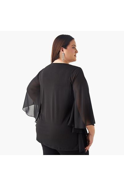 Ulla Popken Plus Size Embellished Keyhole Neck Top With Cape Sleeves