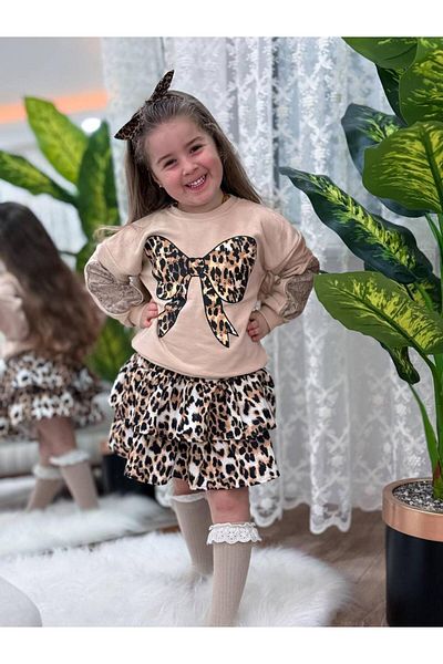 GÖKJOY BUTİK Costum pentru fete cu mâneci din dantelă, detaliu cu imprimeu cu fundă și fustă leopard