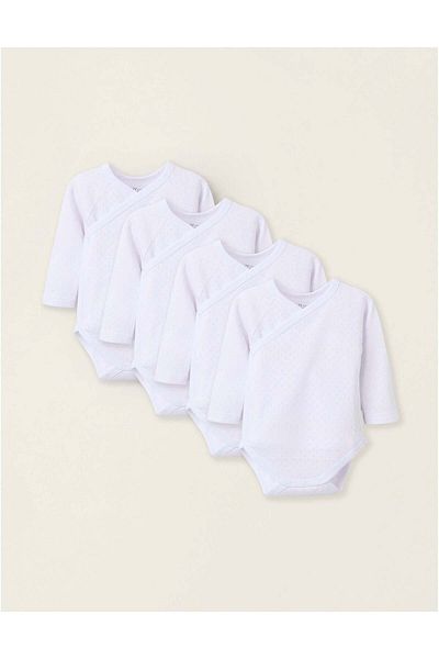 Ziddy Pack of 4 Wrapover Bodysuits in Pointelle for Newborn Girls and Babies, White