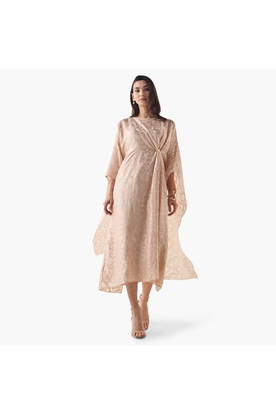 Iconic Textured Kaftan Dress With Knot Detail And Round Neck
