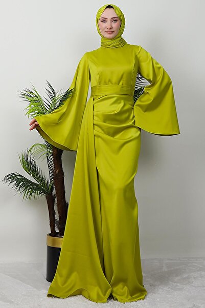 GİYZAMİLA Yasemin Satin Evening Dress Oil Green