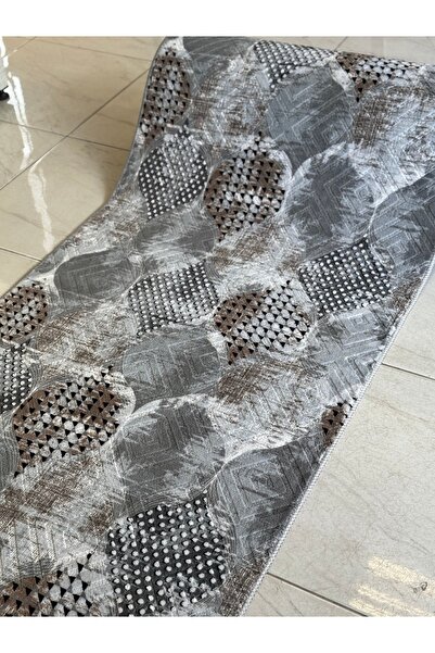 Sarar Kabartmalı Halı Dokusunda Jel Kaymaz Taban Yıkanabilir Kesme Yolluk Üst Kalite Kahve Gri Desen