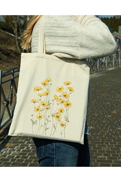designedfy Sarı Çiçekler Baskılı Bez Çanta