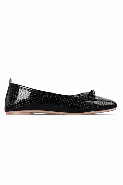 Lal Shoes & Bags Pitha Women's Crocodile Patterned Ribbon Detailed Ballerina Shoes-Black