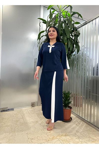 mardi exclusive بدلة نسائية مطرزة أنيقة مقاس كبير باللون الأزرق الداكن