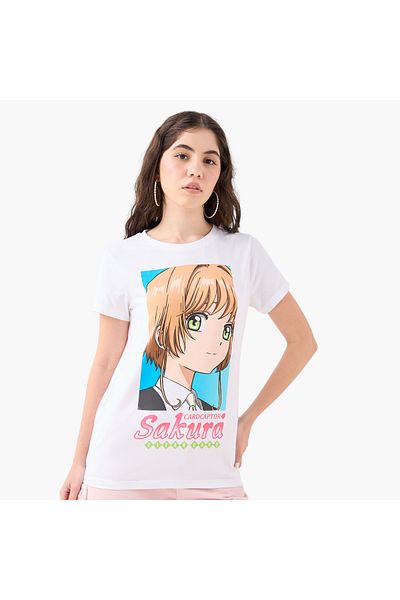 SP Characters Sakura Print T-shirt With Crew Neck And Short Sleeves