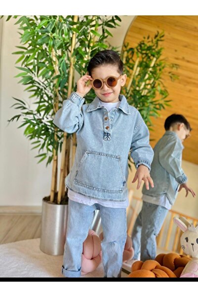 İncekıds Çocuk unisex model önü kanguru cepli çıt çıt detaylı kot gömlek