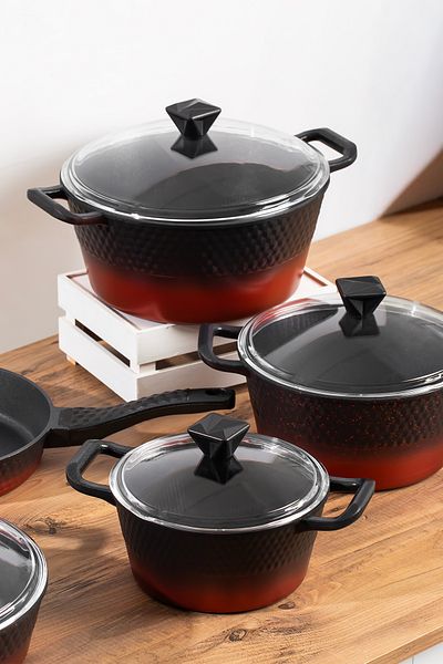 Lines L-5087 Titanium Cast Iron Cookware Set 9 Piece Black Red Transition