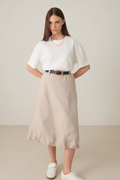 Setre Midi Length Balloon Skirt with Beige Belt Detail