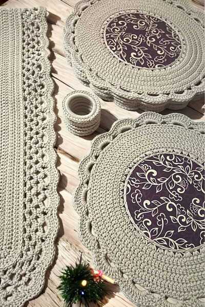 Örgü Sanatı El Örgsü 6 Kisilik Polyester Soft Makrome Ahşap Tabanlı Supla Takımı