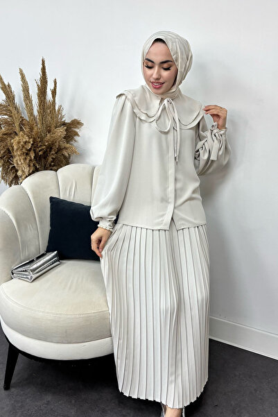 Tesettür Diyarı Kadın Krep Kumaş Bebe Yaka Piliseli Etekli Tesettür Takım