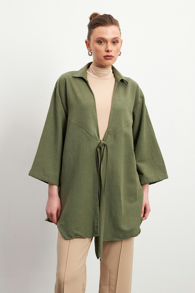 Bipantolon Women's Olive Green Lacing Detailed Flam Linen Kimono