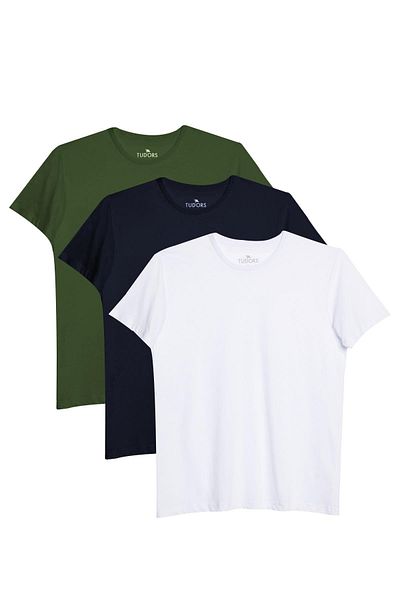 Tudors Μπλουζάκι Unisex 3 Pack Navy Blue-White-Khaki Color Slim Fit Slim Fit 100% βαμβακερό μπλουζάκι με λαιμόκοψη