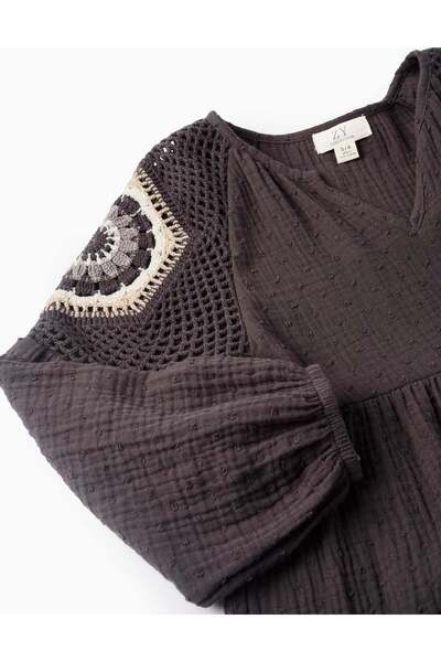 Ziddy Bambula Dress with Crochet for Girls, Grey