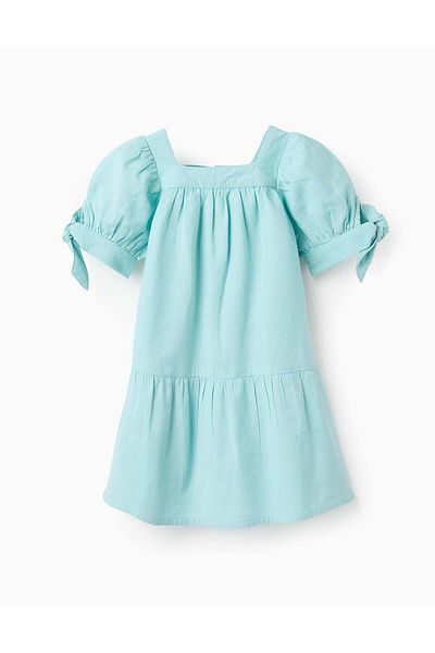Ziddy Cotton and Linen Dress for Baby Girls, Light Blue