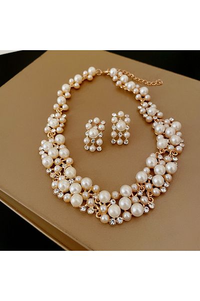 Choice Set 1 3 Pcs Rhinestone Pearl Rectangular Earrings Necklace Set Two-piece Vintage Choker Accessory Li